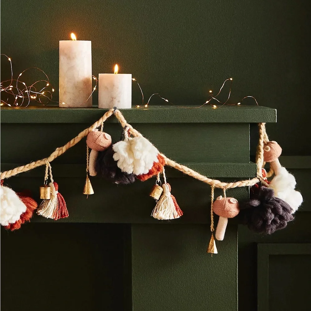 🆕 ANTHRO Anthropologie Brenn Garland felt wool bells holiday mushroom woodland